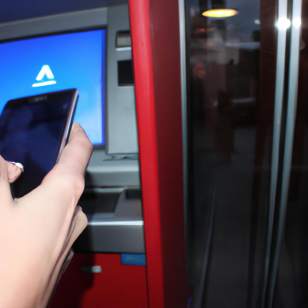 Person using smartphone near ATM