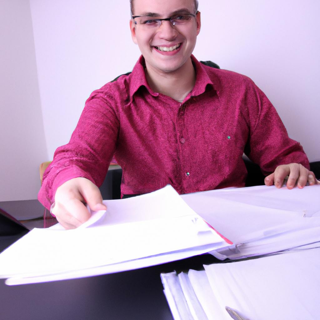 Person reviewing financial documents, smiling